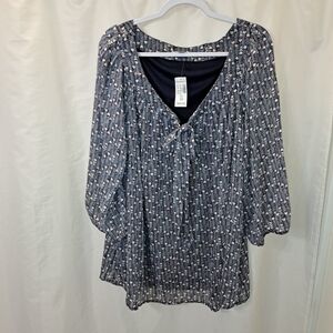 NWT Sz 3X Dressbarn Roz & Ali Navy & White Patterned Lined Blouse